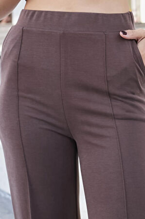 Kadın İpeksi Modal Esnek Kumaş Yüksek Bel Önden Dikişli Yan Cepli Bol Paça Palazzo Pantolon-Kahve
