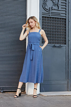 Kadın İpeksi Modal Kumaş Askılı Eteği Kiloş Diz Altı Yazlık Abiye Gece Elbise-İndigo