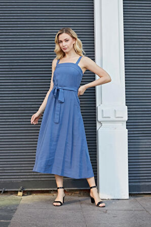 Kadın İpeksi Modal Kumaş Askılı Eteği Kiloş Diz Altı Yazlık Abiye Gece Elbise-İndigo