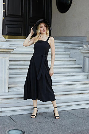 Kadın İpeksi Modal Kumaş Askılı Eteği Kiloş Diz Altı Yazlık Abiye Gece Elbise-Siyah