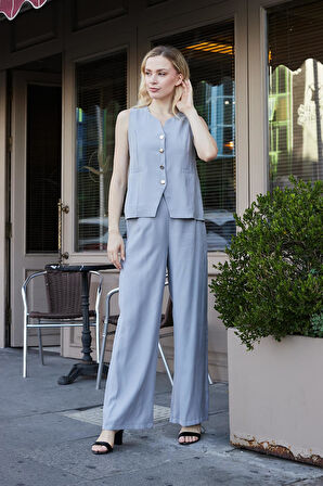 Kadın Likrasız İpeksi Modal Yumuşak Dokulu Kumaş Flato Cepli Düğmeli Yelek-Gri 