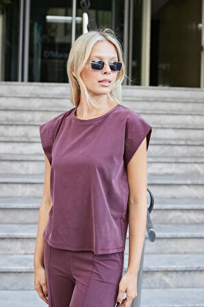 Kadın Modal İpeksi Likralı Kumaş Geniş Sıfır Yaka Düşük Omuzlu T-shirt Bluz-Bordo 
