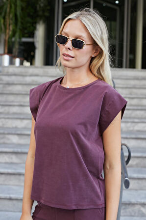 Kadın Modal İpeksi Likralı Kumaş Geniş Sıfır Yaka Düşük Omuzlu T-shirt Bluz-Bordo 