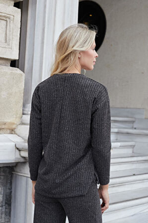 Kadın Simli Kaşkorse V Yaka Düşük Omuzlu Uzun Kol Yırtmaçlı Bluz -Antrasit 