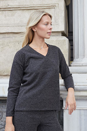 Kadın Simli Kaşkorse V Yaka Düşük Omuzlu Uzun Kol Yırtmaçlı Bluz -Antrasit 