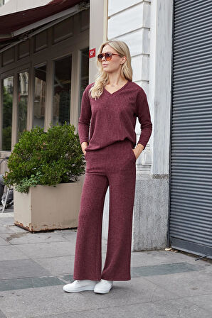 Kadın Simli Kaşkorse V Yaka Düşük Omuzlu Uzun Kol Yırtmaçlı Bluz -Bordo 