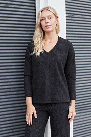 Kadın Simli Kaşkorse V Yaka Düşük Omuzlu Uzun Kol Yırtmaçlı Bluz -Siyah 