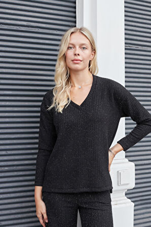 Kadın Simli Kaşkorse V Yaka Düşük Omuzlu Uzun Kol Yırtmaçlı Bluz -Siyah 