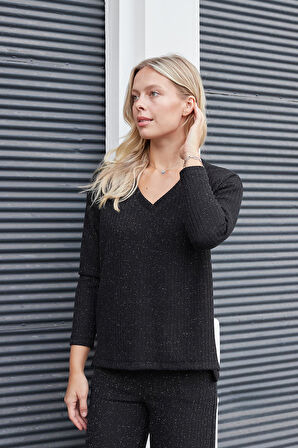 Kadın Simli Kaşkorse V Yaka Düşük Omuzlu Uzun Kol Yırtmaçlı Bluz -Siyah 