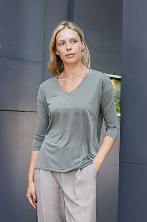 Kadın Kaliteli Modal Esnek Kumaş V Yaka Düşük omuzlu Kapri Truvakar Kol Hafif Salaş Bluz-Haki