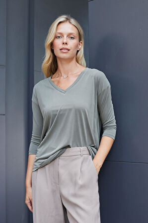 Kadın Kaliteli Modal Esnek Kumaş V Yaka Düşük omuzlu Kapri Truvakar Kol Hafif Salaş Bluz-Haki