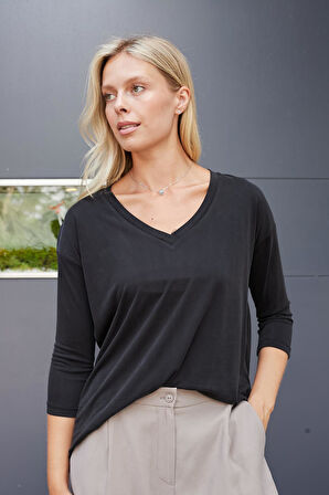 Kadın Kaliteli Modal Esnek Kumaş V Yaka Düşük omuzlu Kapri Truvakar Kol Hafif Salaş Bluz-Siyah