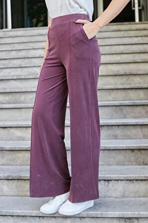 Kadın Modal İpeksi Likralı Kumaş Yüksek Bel Önden Dikişli Cepli Bol Paça Palazzo Pantolon-Bordo 