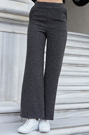 Kadın Simli Kaşkorse Yüksek Bel Yan Cepli Beli Lastikli Bol Paça Pantolon -Antrasit 