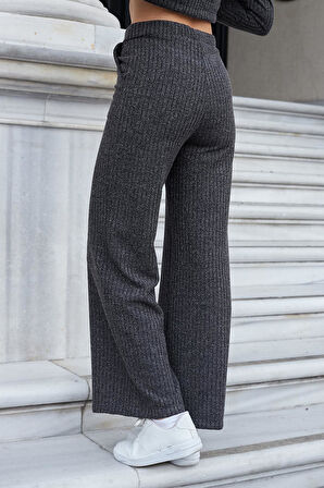 Kadın Simli Kaşkorse Yüksek Bel Yan Cepli Beli Lastikli Bol Paça Pantolon -Antrasit 