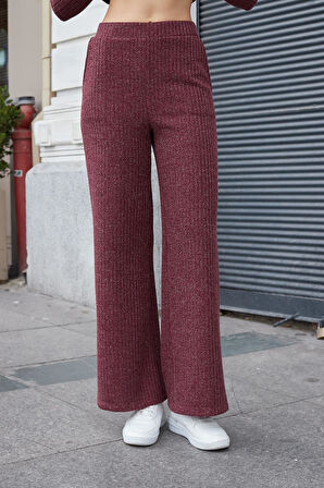 Kadın Simli Kaşkorse Yüksek Bel Yan Cepli Beli Lastikli Bol Paça Pantolon -Bordo 