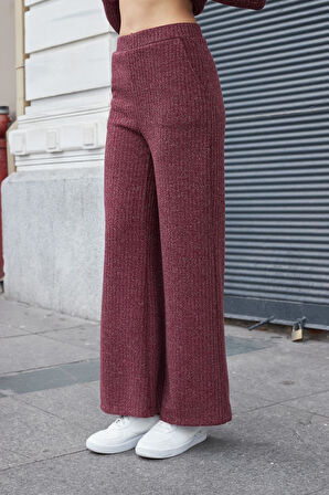 Kadın Simli Kaşkorse Yüksek Bel Yan Cepli Beli Lastikli Bol Paça Pantolon -Bordo 