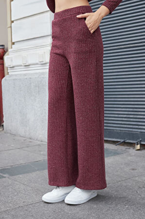 Kadın Simli Kaşkorse Yüksek Bel Yan Cepli Beli Lastikli Bol Paça Pantolon -Bordo 