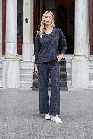 Kadın Simli Kaşkorse Yüksek Bel Yan Cepli Beli Lastikli Bol Paça Pantolon -Lacivert 