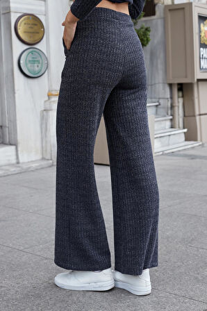 Kadın Simli Kaşkorse Yüksek Bel Yan Cepli Beli Lastikli Bol Paça Pantolon -Lacivert 