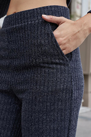 Kadın Simli Kaşkorse Yüksek Bel Yan Cepli Beli Lastikli Bol Paça Pantolon -Lacivert 