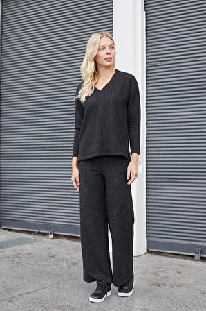 Kadın Simli Kaşkorse Yüksek Bel Yan Cepli Beli Lastikli Bol Paça Pantolon -Siyah 