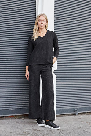 Kadın Simli Kaşkorse Yüksek Bel Yan Cepli Beli Lastikli Bol Paça Pantolon -Siyah 