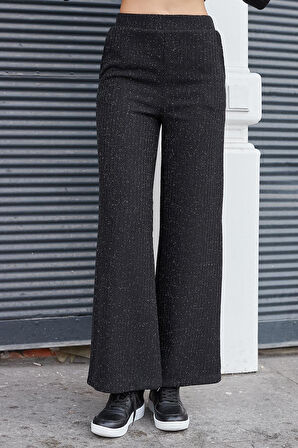 Kadın Simli Kaşkorse Yüksek Bel Yan Cepli Beli Lastikli Bol Paça Pantolon -Siyah 