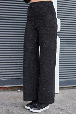 Kadın Simli Kaşkorse Yüksek Bel Yan Cepli Beli Lastikli Bol Paça Pantolon -Siyah 