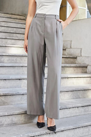 Kadın İpeksi Modal Yüksek Bel Yan Cepli Pileli Arkası Lastikli Bol Paça Palazzo Pantolon-Antrasit