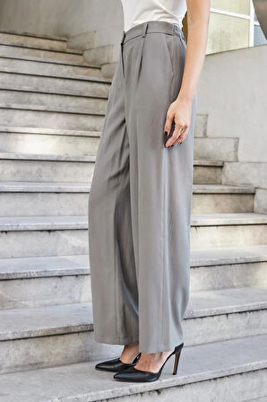 Kadın İpeksi Modal Yüksek Bel Yan Cepli Pileli Arkası Lastikli Bol Paça Palazzo Pantolon-Antrasit