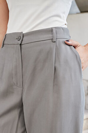 Kadın İpeksi Modal Yüksek Bel Yan Cepli Pileli Arkası Lastikli Bol Paça Palazzo Pantolon-Antrasit