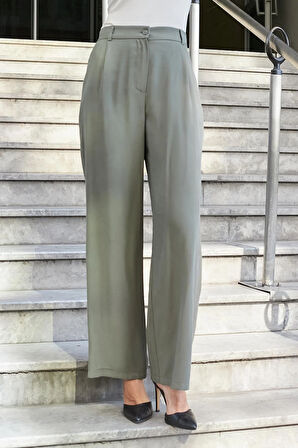 Kadın İpeksi Modal Yüksek Bel Yan Cepli Pileli Arkası Lastikli Bol Paça Palazzo Pantolon-Haki