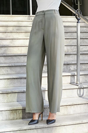 Kadın İpeksi Modal Yüksek Bel Yan Cepli Pileli Arkası Lastikli Bol Paça Palazzo Pantolon-Haki