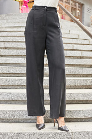 Kadın İpeksi Modal Yüksek Bel Yan Cepli Pileli Arkası Lastikli Bol Paça Palazzo Pantolon-Siyah