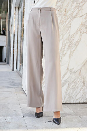 Kadın İpeksi Modal Yüksek Bel Yan Cepli Pileli Arkası Lastikli Bol Paça Palazzo Pantolon-Vizon