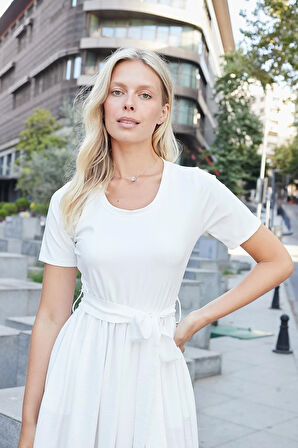 Kadın Keten Detaylı Üst Kısmı Likralı Kısa Kol Beli Büzgülü Uzun Elbise-Beyaz 