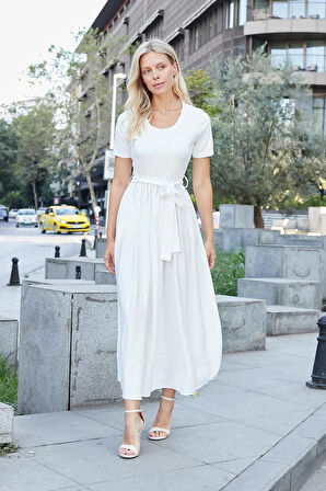 Kadın Keten Detaylı Üst Kısmı Likralı Kısa Kol Beli Büzgülü Uzun Elbise-Beyaz 