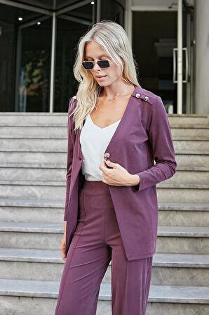 Kadın İpeksi Esnek Modal Kumaş V Yaka Uzun Kol Omuz Aksesuarlı Düğmeli Uzun Blazer Ceket-Bordo