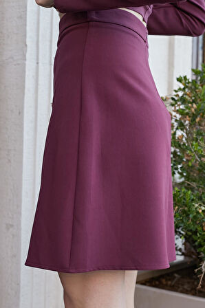 Kadın Yüksek Bel Önü Düğmeli Diz Boy Hafif Esnek Kumaş Çan Etek-Bordo