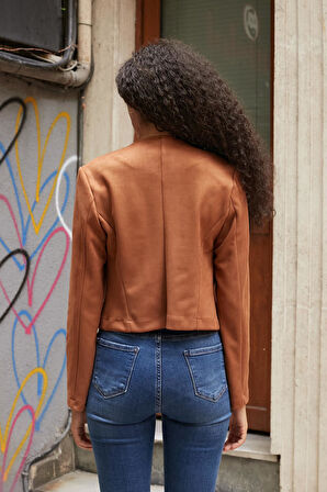 Kadın Esnek Süet Kumaş Sıfır Yaka Flato Cepli Uzun Kol Blazer Ceket-Taba