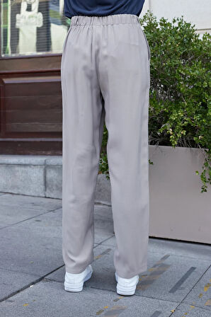 Kadın İpeksi Modal Kumaş Yüksek Bel Yan Cepli Boru Paça Rahat Kesim Şık Ofis Pantolon-Vizon