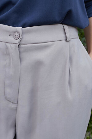 Kadın İpeksi Modal Kumaş Yüksek Bel Yan Cepli Boru Paça Rahat Kesim Şık Ofis Pantolon-Vizon