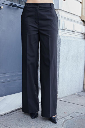 Kadın Yüksek Bel Yan Cepli Bol Paça Rahat Kesim Palazzo Kumaş Pantolon-Siyah