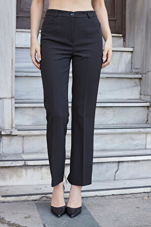 Kadın Yüksek Bel Alman Cepli Boru Paça Bacak Kısmı Rahat Hafif Esnek Kumaş Pantolon-Siyah