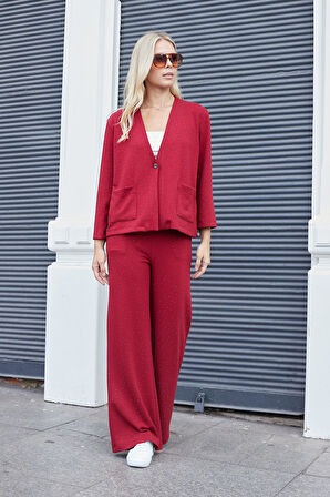 Kadın İpeksi Dokulu Esnek Modal Kumaş Taş Baskılı Beli Lastikli Bol Paça Palazzo Pantolon-Bordo