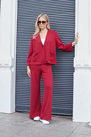 Kadın İpeksi Dokulu Esnek Modal Kumaş Taş Baskılı Beli Lastikli Bol Paça Palazzo Pantolon-Bordo