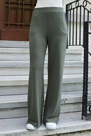 Kadın İpeksi Dokulu Esnek Modal Kumaş Taş Baskılı Beli Lastikli Bol Paça Palazzo Pantolon-Haki