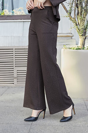 Kadın İpeksi Dokulu Esnek Modal Kumaş Taş Baskılı Beli Lastikli Bol Paça Palazzo Pantolon-Kahve