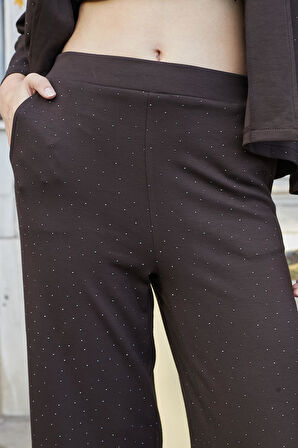 Kadın İpeksi Dokulu Esnek Modal Kumaş Taş Baskılı Beli Lastikli Bol Paça Palazzo Pantolon-Kahve